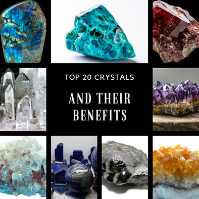 Top 20 healing crystals guide showcasing crystal types, meanings, and their benefits for wellness and energy.