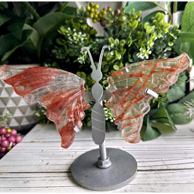 Red Fire Quartz Butterfly Wings - Stunning crystal piece featuring vibrant red hues and intricate butterfly wing design.