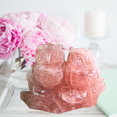 Pink Rose Quartz Crystal Owl Carving