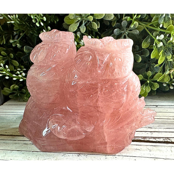 Pink Rose Quartz Crystal Owl Carving