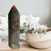 African Bloodstone Chunky Tower: A polished crystal tower known for its deep green and red hues, perfect for healing.