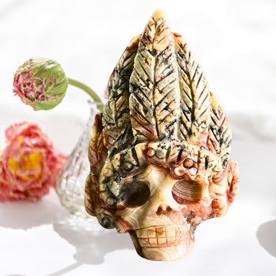 Crazy Lace Agate Crystal Indian Skull featuring vibrant patterns, perfect for decoration and spiritual energy.