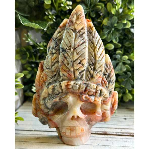 Crazy Lace Agate Crystal Indian Skull