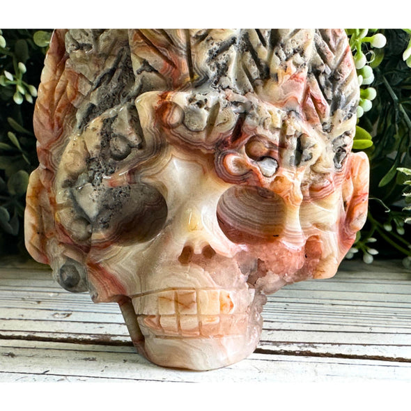 Crazy Lace Agate Crystal Indian Skull