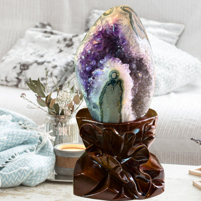 Agate Amethyst Geode with custom stand, showcasing stunning purple crystals and unique banding patterns.