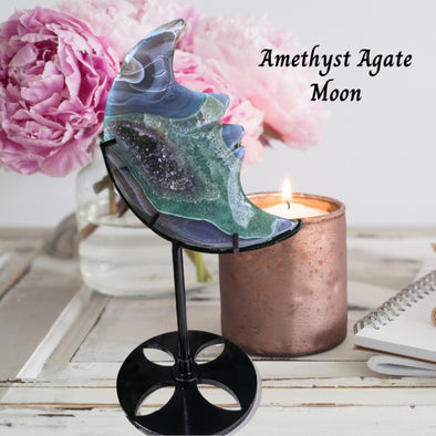 Druzy Amethyst Agate Moon Figurine With Stand