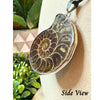 Ammonite mollusc shell fossil necklace, featuring intricate natural patterns and a unique vintage charm. A unique necklace with a beach style feel.