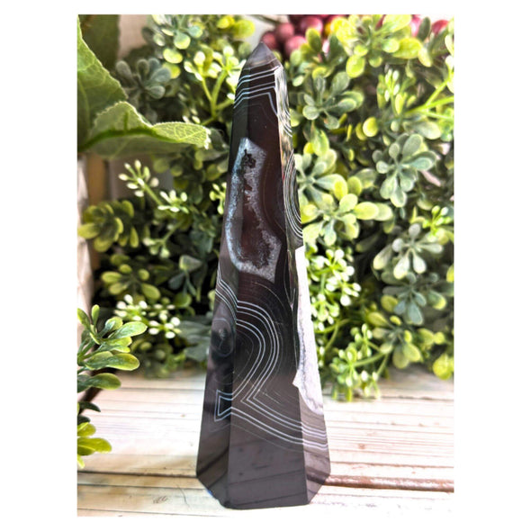 Banded Black Agate And Quartz Crystal Tower