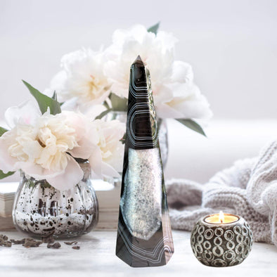 Banded Black Agate And Quartz Crystal Tower