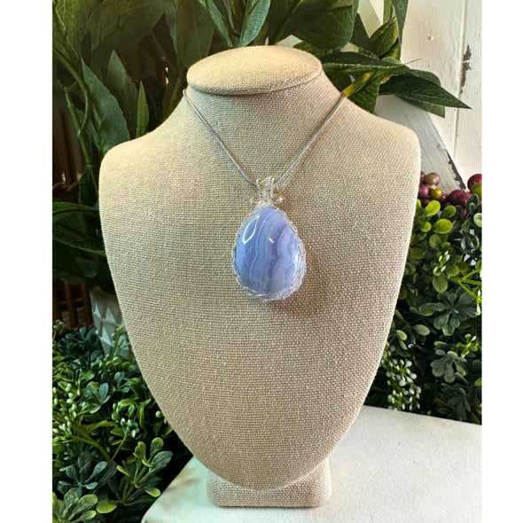 Blue Lace Agate Crystal Pendant Necklace