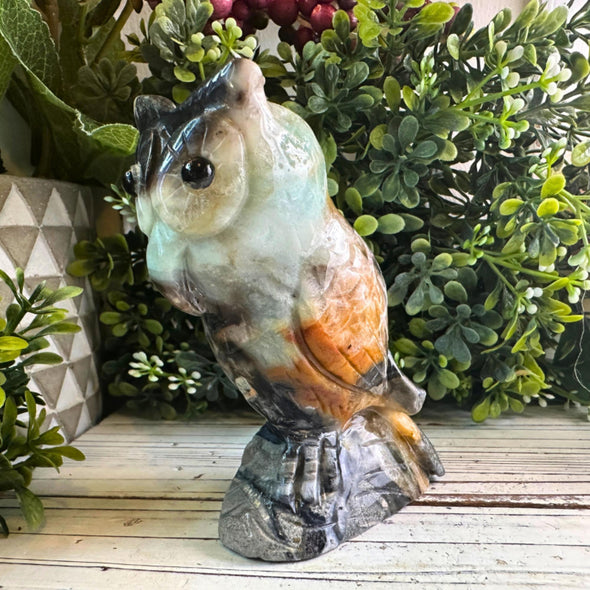 Blue Caribbean Calcite Owl Figurine