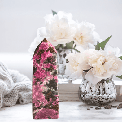 Vibrant Pink Cobaltoan Calcite Crystal Point for healing and love, featuring a stunning pink with green hue and natural clarity.