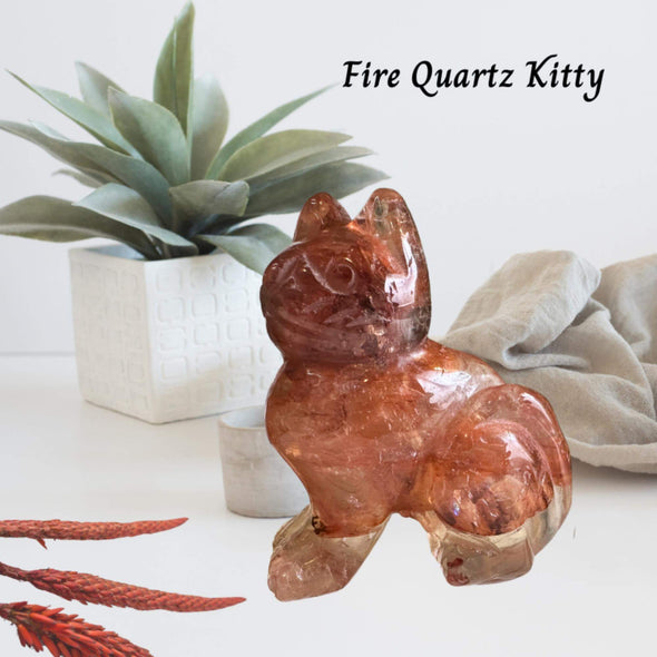 Fire Quartz Crystal Kitten Carving