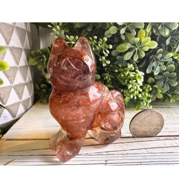 Fire Quartz Crystal Kitten Carving