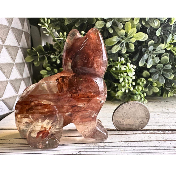 Fire Quartz Crystal Kitten Carving