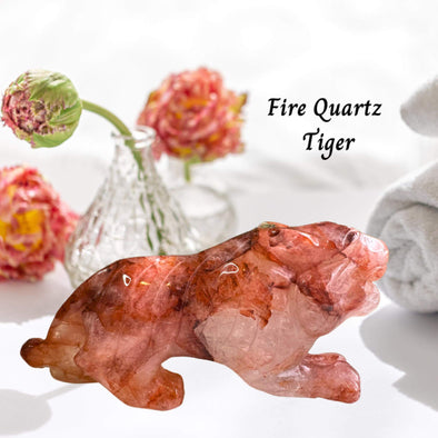 Hematoid Fire Quartz Tiger Carving: A powerful crystal for courage and strength, with vibrant orange and red hues. A perfect Crystal Carving for tiger lovers.