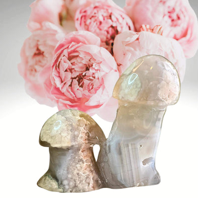 Flower Agate Crystal Mushroom Carving with delicate floral patterns, adding a touch of enchantment and positivity to any space.