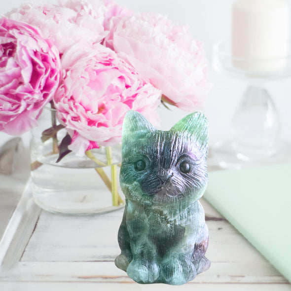 Natural Fluorite Crystal Kitten Figurine