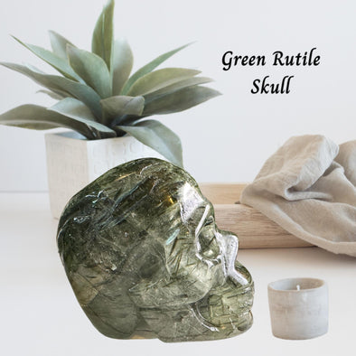 Green Rutile Quartz Crystal Skull Carving