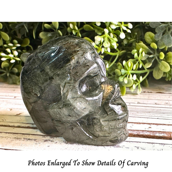 Green Rutile Quartz Crystal Skull Carving