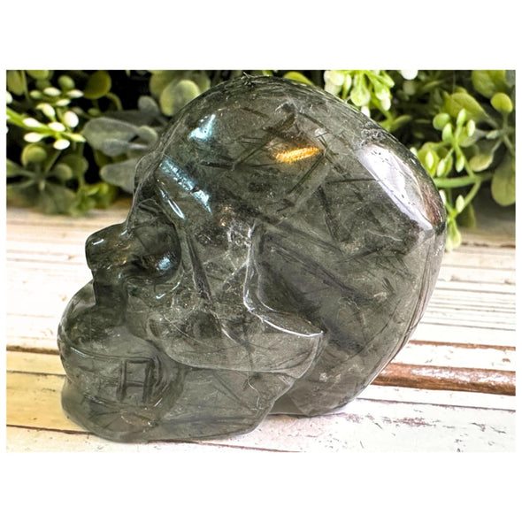 Green Rutile Quartz Crystal Skull Carving