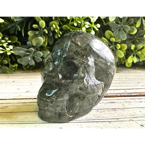 Green Rutile Quartz Crystal Skull Carving