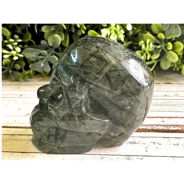 Green Rutile Quartz Crystal Skull Carving