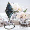 Labradorite Rhombus with Metal Stand, showcasing vibrant colors and natural patterns, perfect for home decor and crystal collections