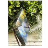 Labradorite Rhombus with Metal Stand, showcasing vibrant colors and natural patterns, perfect for home decor and crystal collections