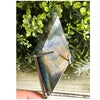 Labradorite Rhombus with Metal Stand, showcasing vibrant colors and natural patterns, perfect for home decor and crystal collections