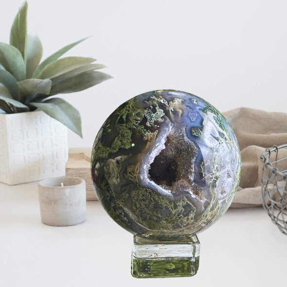 Druzy Green Moss Agate Crystal Sphere