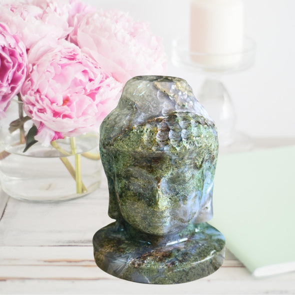 Natural Moss Agate Buddha Carving