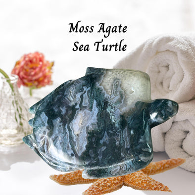 Natural Green Moss Agate Sea Turtle: Hand-carved crystal turtle symbolizing growth and grounding. Perfect for your crystal collection or as a gift.