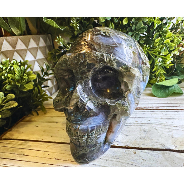 Green Moss Agate Large Crystal Skull