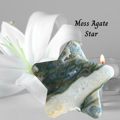 Druzy green moss agate crystal shaped like a star, showcasing its unique textures and vibrant green hues.