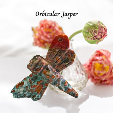 Orbicular Ocean Jasper Dragonfly, showcasing vibrant colors and intricate patterns, symbolizing transformation and peace.