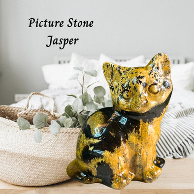 Picture Stone Jasper cat carving showcasing unique patterns and earthy colors, symbolizing creativity and grounding.