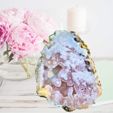 Natural Pink Amethyst Crystal Slab showcasing soft pink hues, perfect for calming energy and elegant home decor