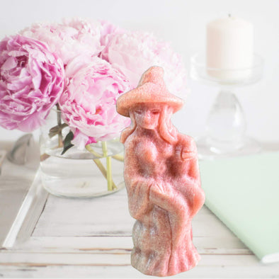 Natural Pink Opal Crystal Witch Carving—captivating and magical, with soft pink hues that enhance intuition and add charm to any collection.