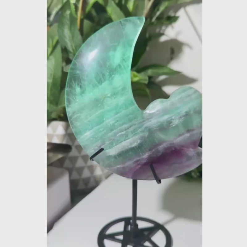 Natural Fluorite Moon Crystal carved from genuine rainbow fluorite with unique natural banding.