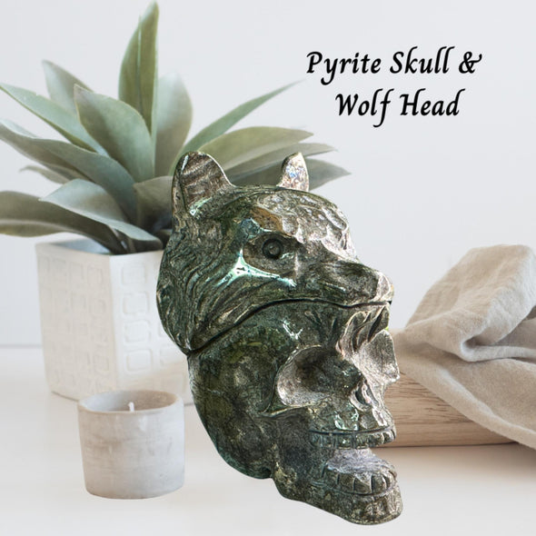 Pyrite Crystal Skull Carving And Wolf Head