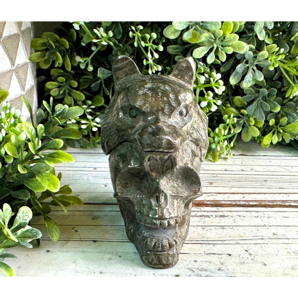 Pyrite Crystal Skull Carving And Wolf Head