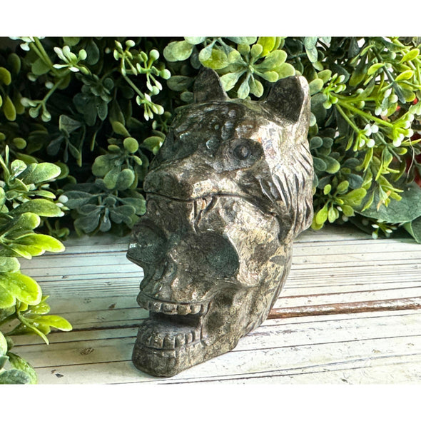 Pyrite Crystal Skull Carving And Wolf Head