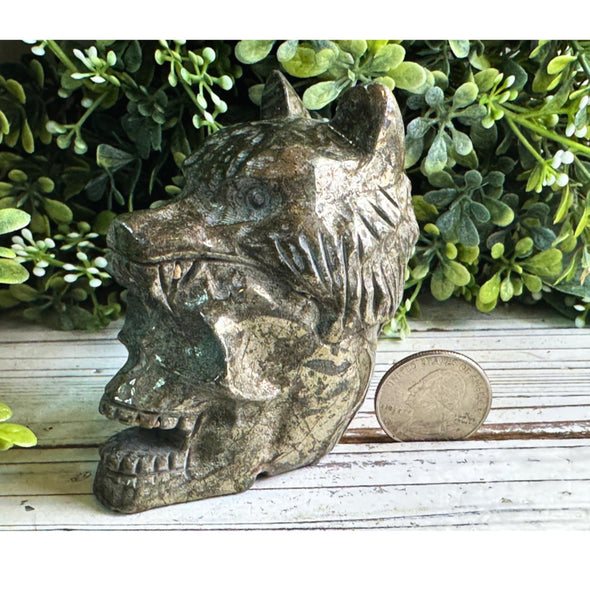 Pyrite Crystal Skull Carving And Wolf Head