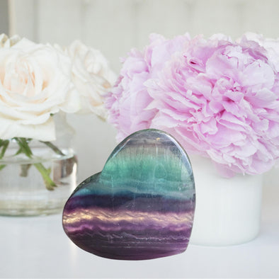 Rainbow Fluorite Crystal Heart – A vibrant healing stone for balance, clarity, and emotional well-being.