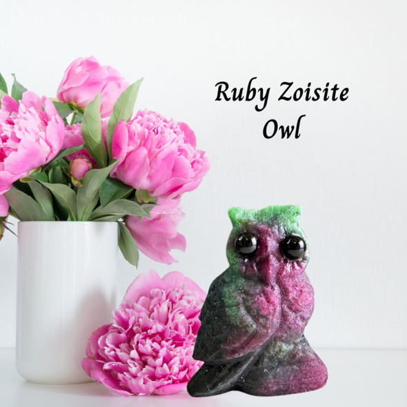 Ruby Zoisite Crystal Owl Carving