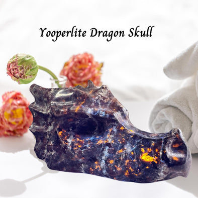 Yooperlite Dragon Head with UV reactive glow—an enchanting display of natural crystal magic! A Perfect gift idea for fantasy collectors.